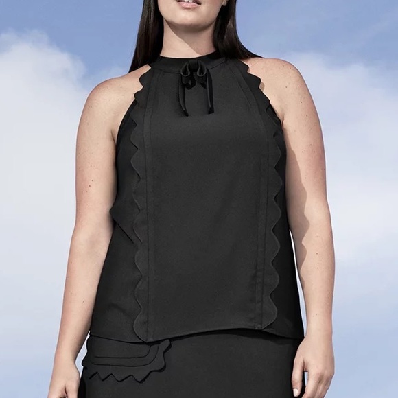 Black Scalloped Tie Neck Sleeveless Blouse - Picture 9 of 9